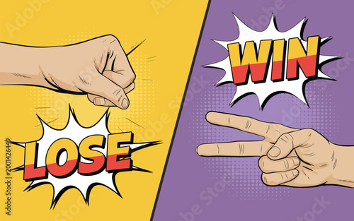 Rock Paper Scissors Hand Game Vector, Pop Art Style Illustration with Comic Hands Gestures, Retro Halftone Design, Fun Symbol Icons for Game Concept, Competition, and Decision Making.