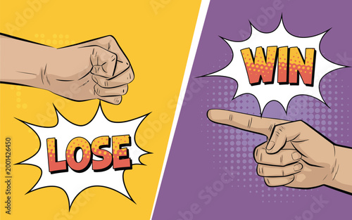 Rock Paper Scissors Hand Game Vector, Pop Art Style Illustration with Comic Hands Gestures, Retro Halftone Design, Fun Symbol Icons for Game Concept, Competition, and Decision Making.