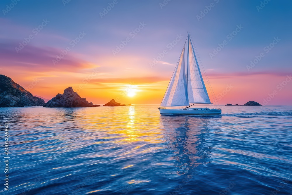 Fototapeta premium Sunset sailboat gliding across tranquil blue ocean near rocky islands