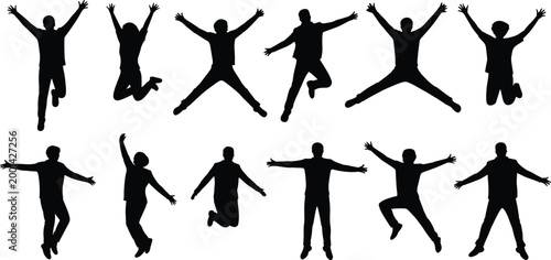 Collection of jumping people silhouettes featuring happy men and women celebrating success and freedom for active lifestyle vector designs