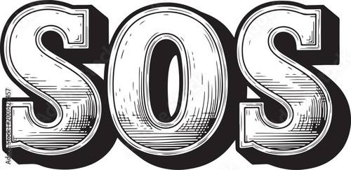 Engraved style text element spelling sos for emergency alerts in vintage graphic art design.