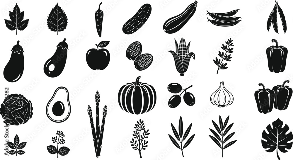 Fototapeta premium Black and white vegetable and herb icons set Vector