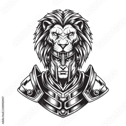 Noble Lion Warrior in Ornate Armor — Regal Feline Battle Commander Ink Drawing Vector Art