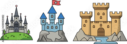 Set of medieval castle vector icons featuring fairy tale fortress gothic palace and stone stronghold illustrations for fantasy gaming