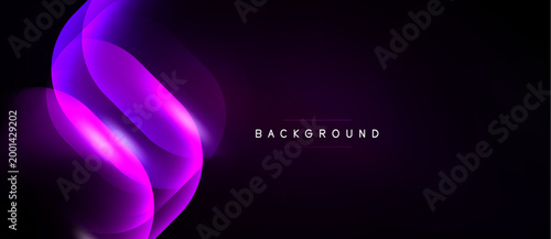 Abstract purple waves form dynamic shape. Dark background enhances vibrant color contrast, creating modern visual effect.