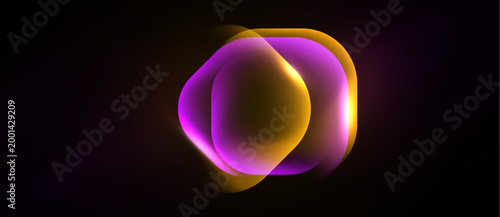 Abstract glowing shapes overlap, creating vibrant visual effect. Dark background emphasizes luminosity, warmth, depth.