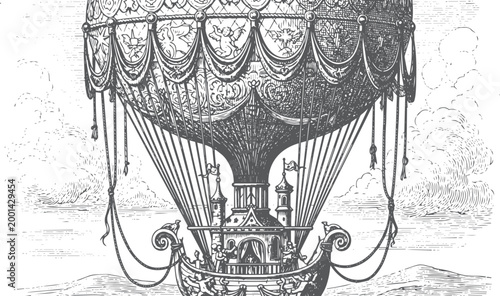 Vintage engraving of an ornate hot air balloon with gondola