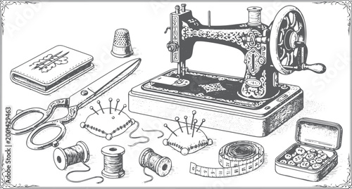 Valokuva Vintage sewing machine with tailoring tools and accessories
