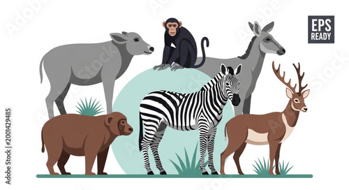 Collection of Diverse Animals Standing Together in a Group.