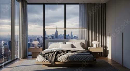Modern bedroom with large windows and city skyline view