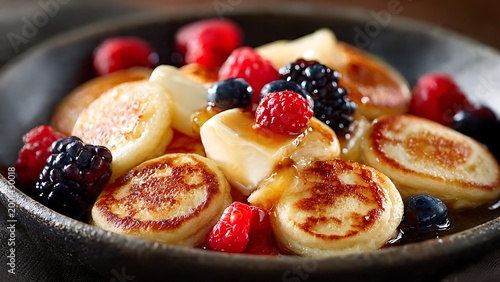 delicious pancakes with berries and syrup