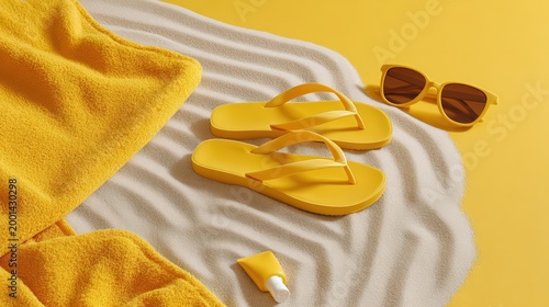 Sunny Beach Day Essentials: Yellow Flip Flops Sunglasses Towel and Sunscreen