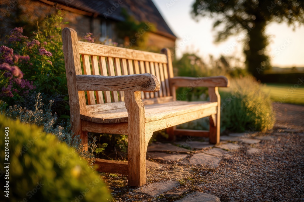 Fototapeta premium Sunny Rustic Garden Wooden Bench Amid Flowering Plants at Golden Hour