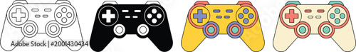 Set of gaming controller vector icons featuring outline silhouette flat design and retro colorful styles for video game interfaces