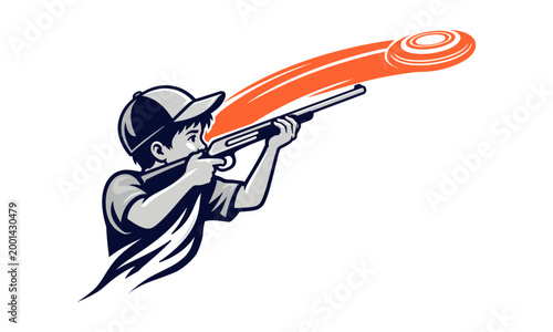 Boy Shooting Clay Target with Shotgun Vector Illustration, Skeet Shooting Silhouette Logo Design