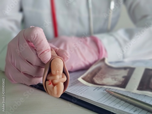 Foto Doctor demonstrates fetal model in a medical office with ultrasound images