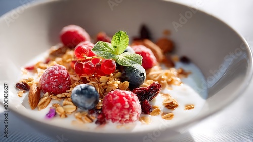 Bowl of yogurt with granola and mixed berries