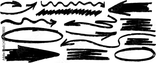 Hand drawn sketch with pen and pencil, highlight strokes and marker accents guide the eye, arrow signs repeat along the flowing line and underline.