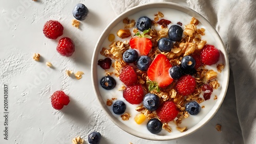 Bowl of yogurt with granola and mixed berries and strawberries on