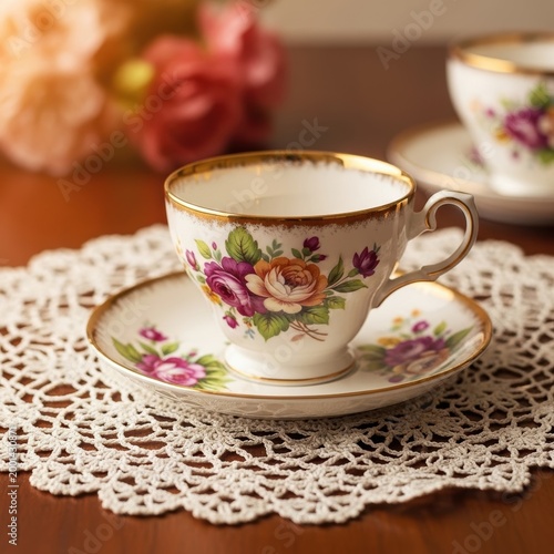 Vintage floral tea cup and saucer on lace doily