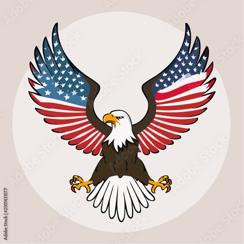 American Bald Eagle with Wings Spread, Decorated with US Flag