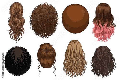 Stylized Wavy and Curly Hairstyles for Avatars, Digital Hair Illustration Set with Long Brown Hair, Pink Highlights, Fashion Hair Art, Character Customization Elements for Modern Design.