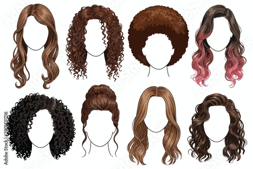 Stylized Wavy and Curly Hairstyles for Avatars, Digital Hair Illustration Set with Long Brown Hair, Pink Highlights, Fashion Hair Art, Character Customization Elements for Modern Design.