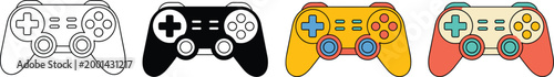 Set of gaming controller vector icons featuring outline silhouette flat design and retro colorful styles for video game interfaces