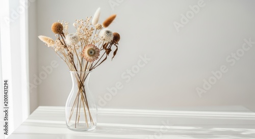 Dried flowers in a clear glass vase on a windowsill