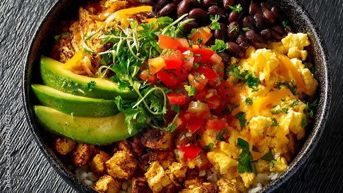 scrambled eggs and avocado with salsa and tofu