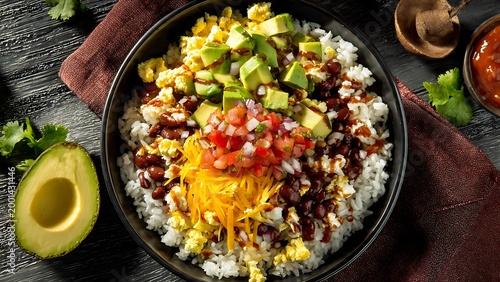 bowl of rice with avocado beans and scrambled eggs