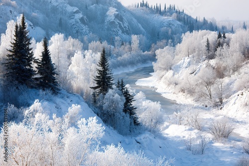 A serene winter landscape with snow-covered trees lining a frozen river.
