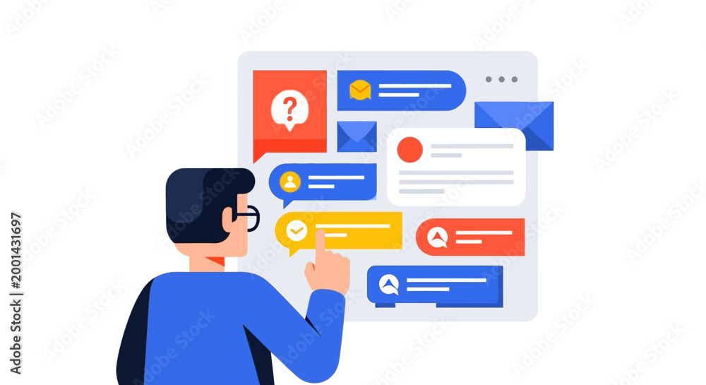 Fototapeta premium Communication and feedback concept with person interacting with a digital interface and chat bubbles