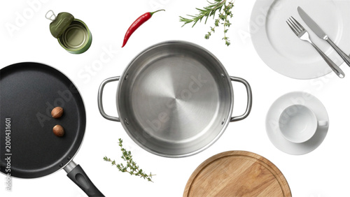 Modern stainless steel cookware set with wooden spoon on white surface Vector