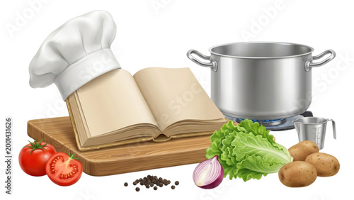 Fresh ingredients and kitchen tools on wooden table Vector