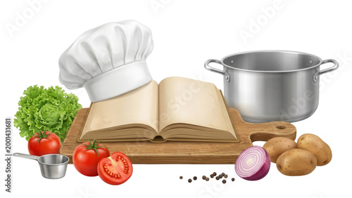 Colorful kitchen ingredients and cooking utensils set on wooden table Vector