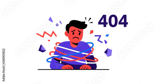 Frustrated man dealing with a 404 error, a digital problem preventing website access, illustrated with tangled wires symbolizing technical issues and online trouble