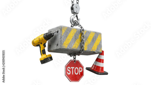Yellow and black crane lifting red fire hydrant with safety straps Vector