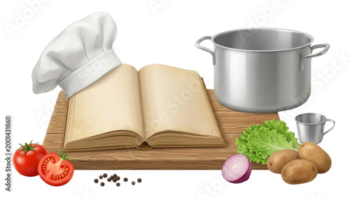 Chef reading cookbook with fresh vegetables and pot on wooden table Vector