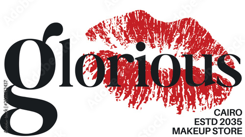 Glorious makeup store logo design with red kiss mark and elegant classic serif typography art.
