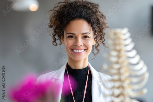 A cheerful young female doctor or therapist smiles warmly at the camera.
