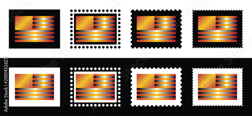 Luxury Orange Gold  Metallic United States Flag Postage Stamp Set on Kraft Paper and Dark Background Vector Collection