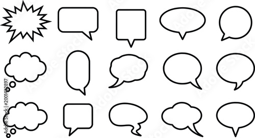 Set of diverse speech and thought bubble icons in black and white vector style