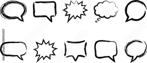 Hand-drawn speech and thought bubble icons with explosion graphic in sketch style
