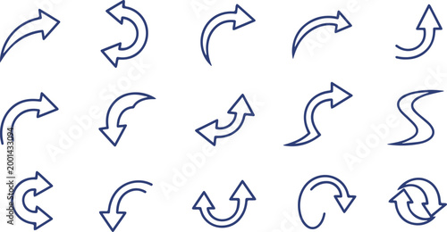 Collection of 15 dark blue outline arrows on white