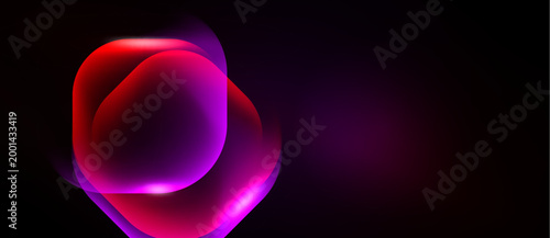 Abstract glowing shapes overlap, creating vibrant pinks, reds against dark background. Soft gradients suggest light source. Modern design element.