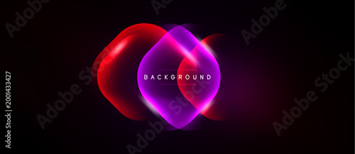 Abstract vibrant shapes overlap, creating glowing effect. Dark background emphasizes colorful design, modern aesthetic.