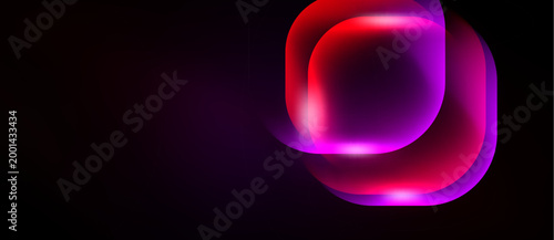 Abstract shapes overlap, creating vibrant pinks, purples, reds. Dark background emphasizes glowing effect, modern design element.