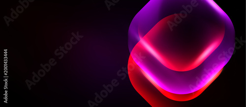 Abstract shapes overlap, creating vibrant light effects. Red, purple hues dominate dark background. Modern design element.