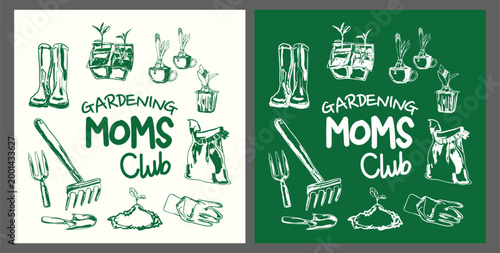 Gardening Moms Club Doodle Mother’s Day Poster Set Vintage Floral Concept